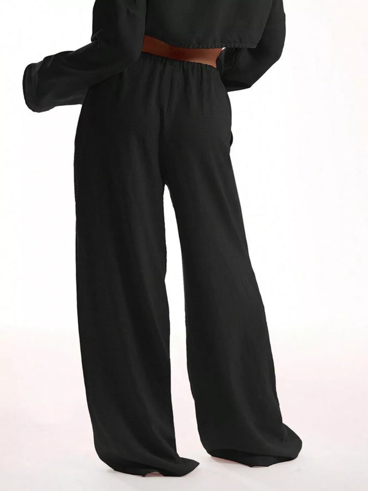 Linen-look drawstring wide-leg pants with side pockets