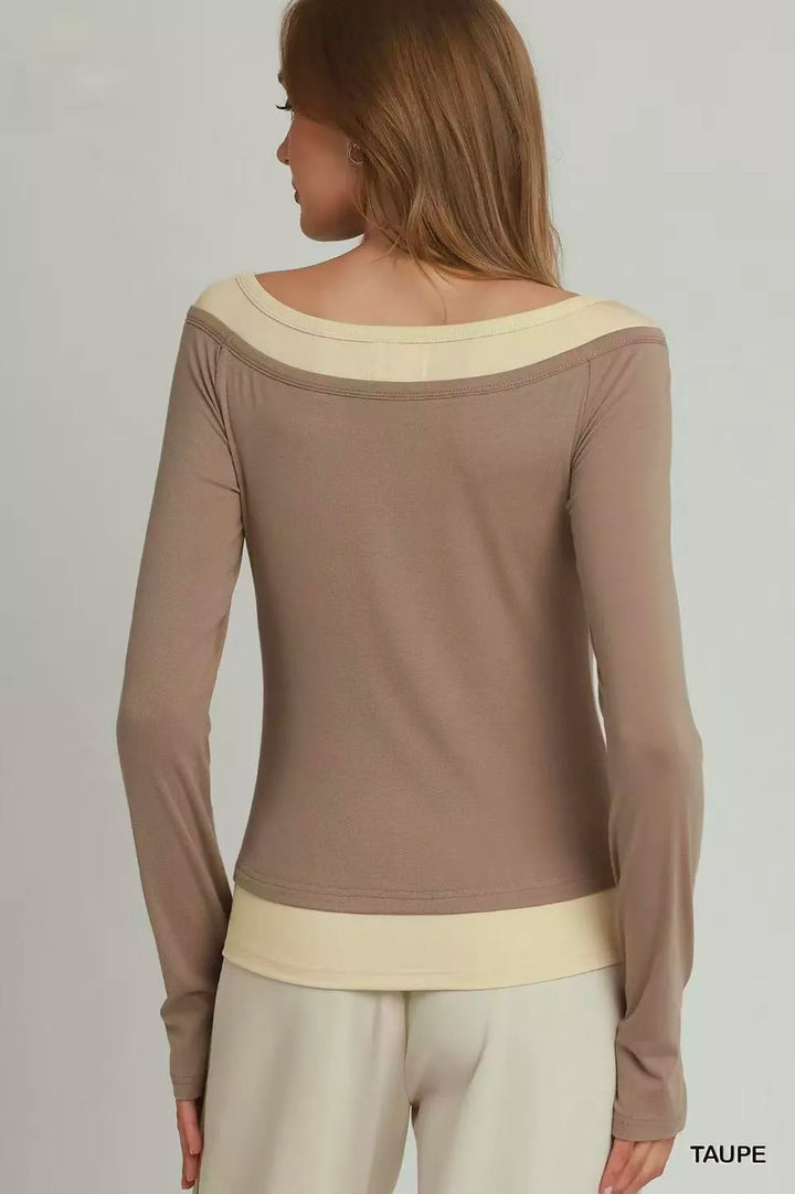 Layered twofer color-block top with thumbhole sleeves