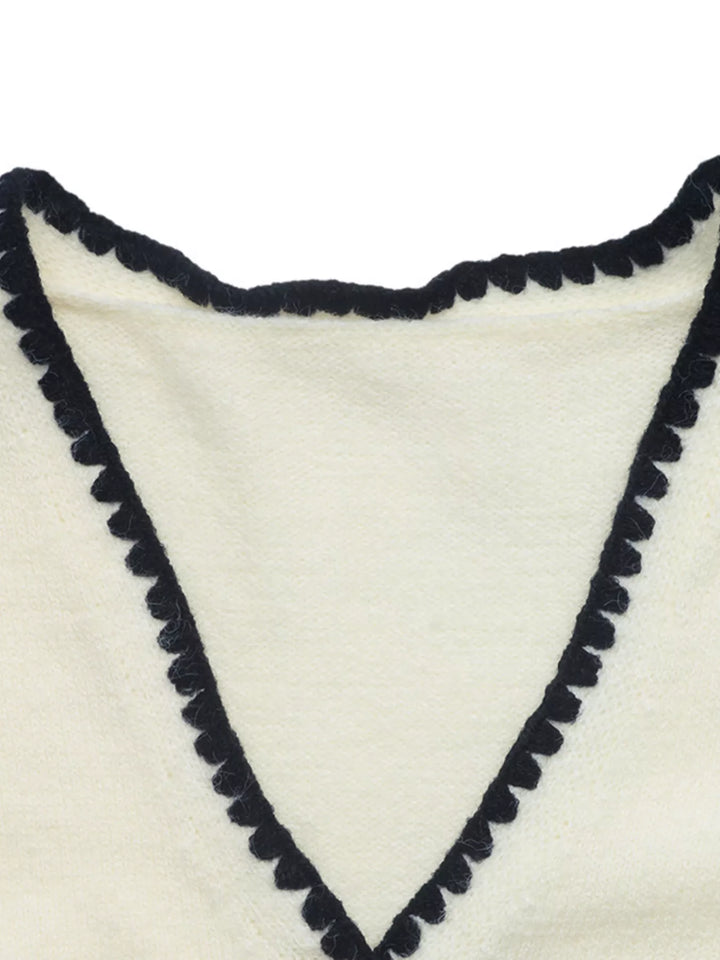 Contrast whipstitch trim V-neck button-front knit cardigan