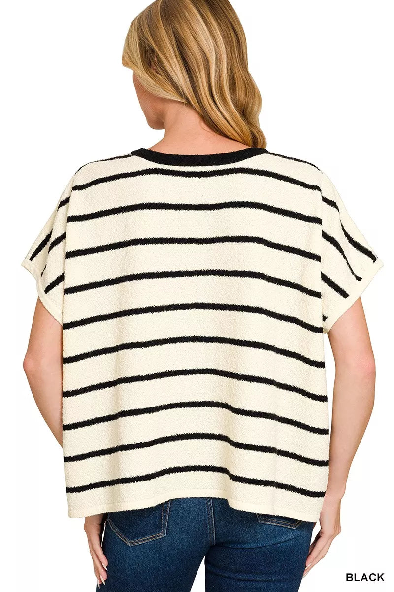Striped oversized short-sleeve knit sweater top
