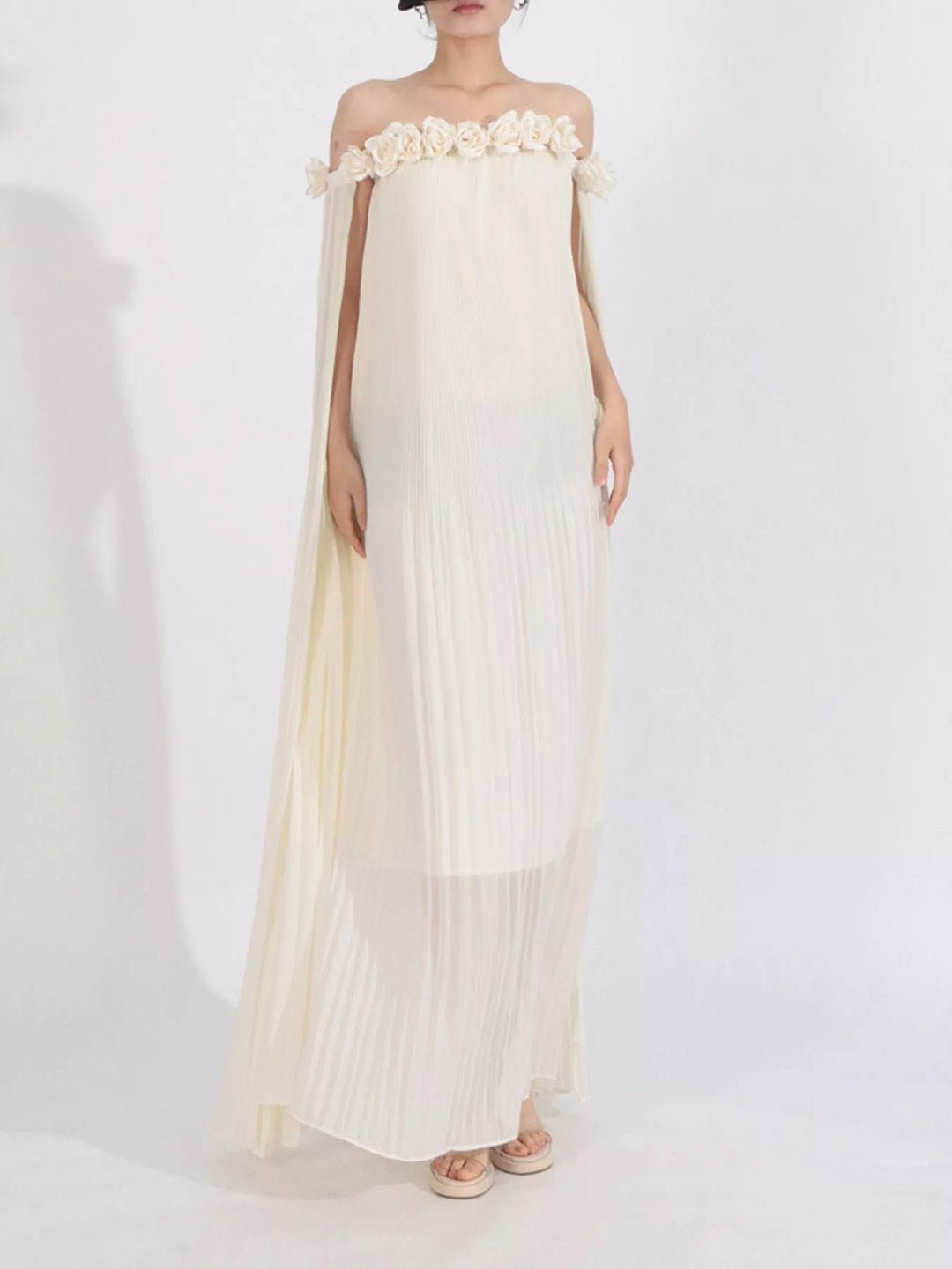 Apricot Off-shoulder pleated maxi dress with rosette neckline