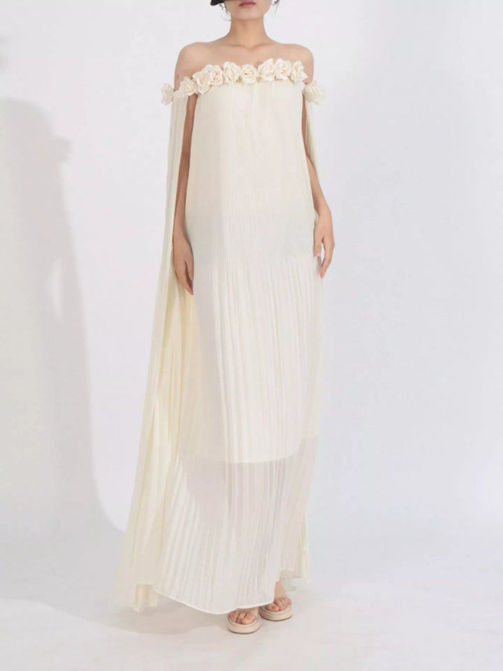 Apricot Off-shoulder pleated maxi dress with rosette neckline