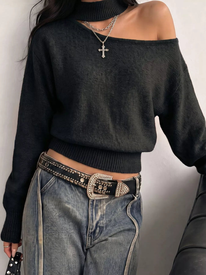 Black Cutout mock neck one-shoulder knit sweater