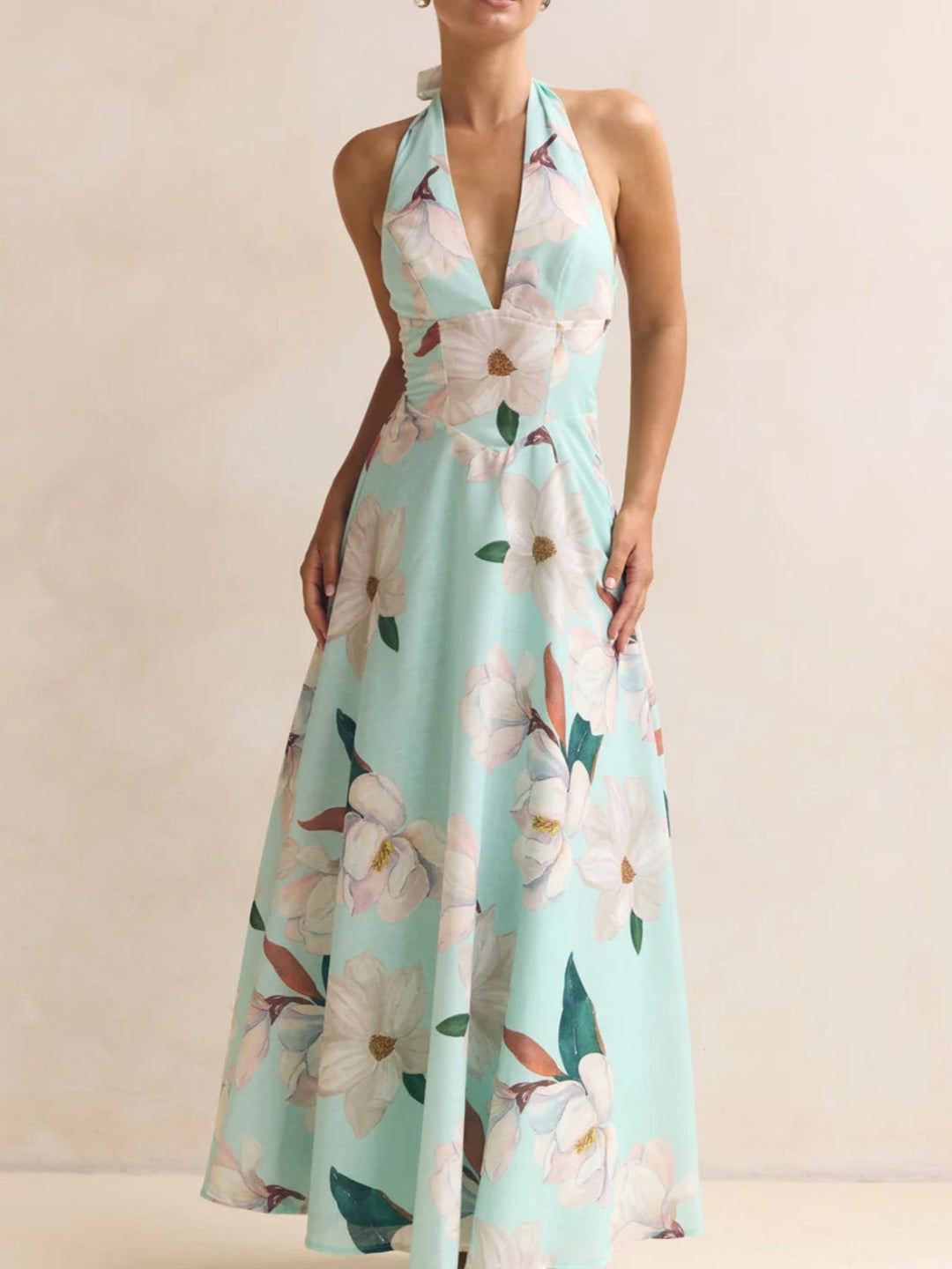 Green Floral print halter maxi dress with lace-up back