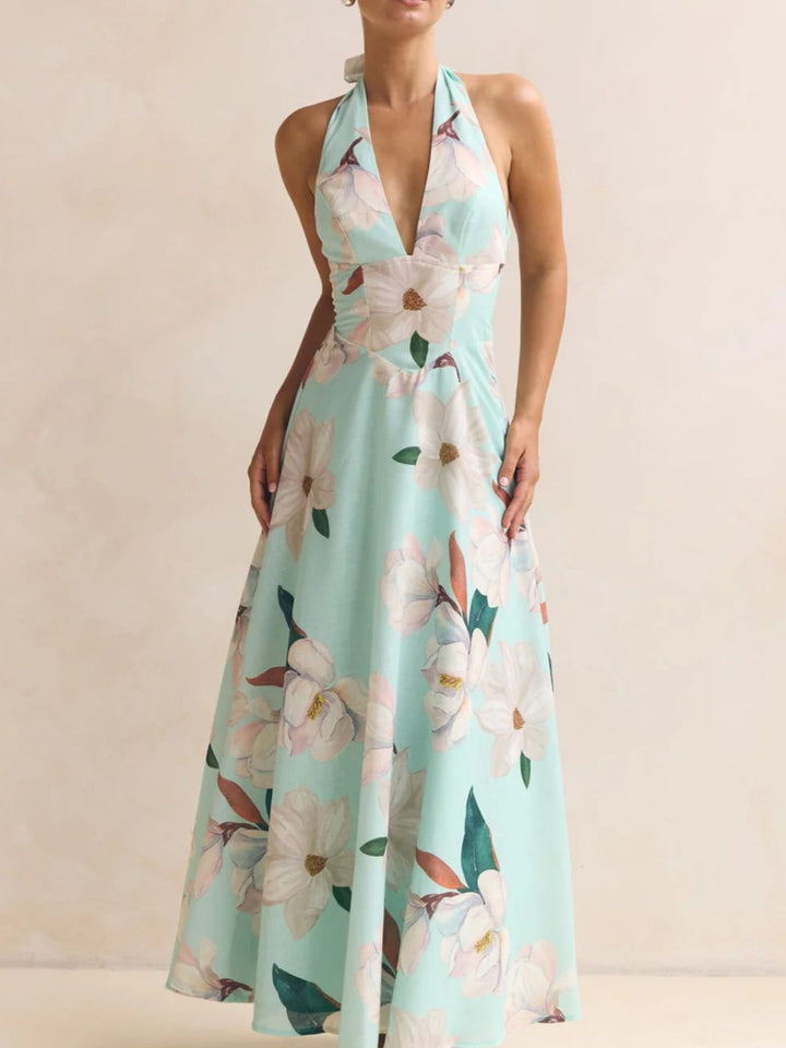 Green Floral print halter maxi dress with lace-up back