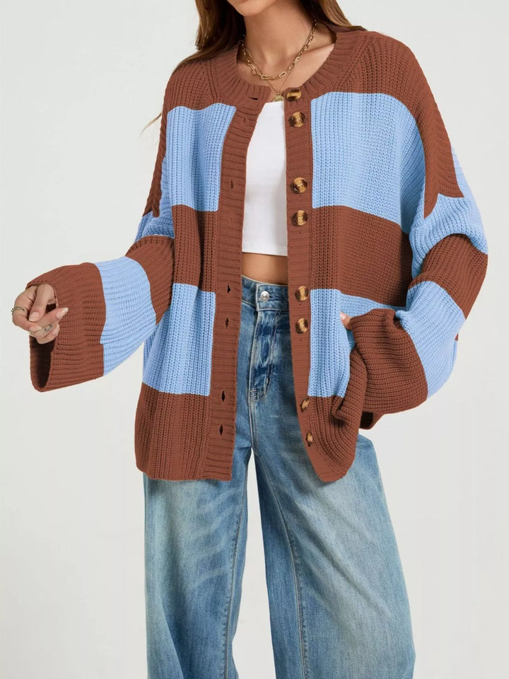 Rust Color block ribbed knit button-up cardigan