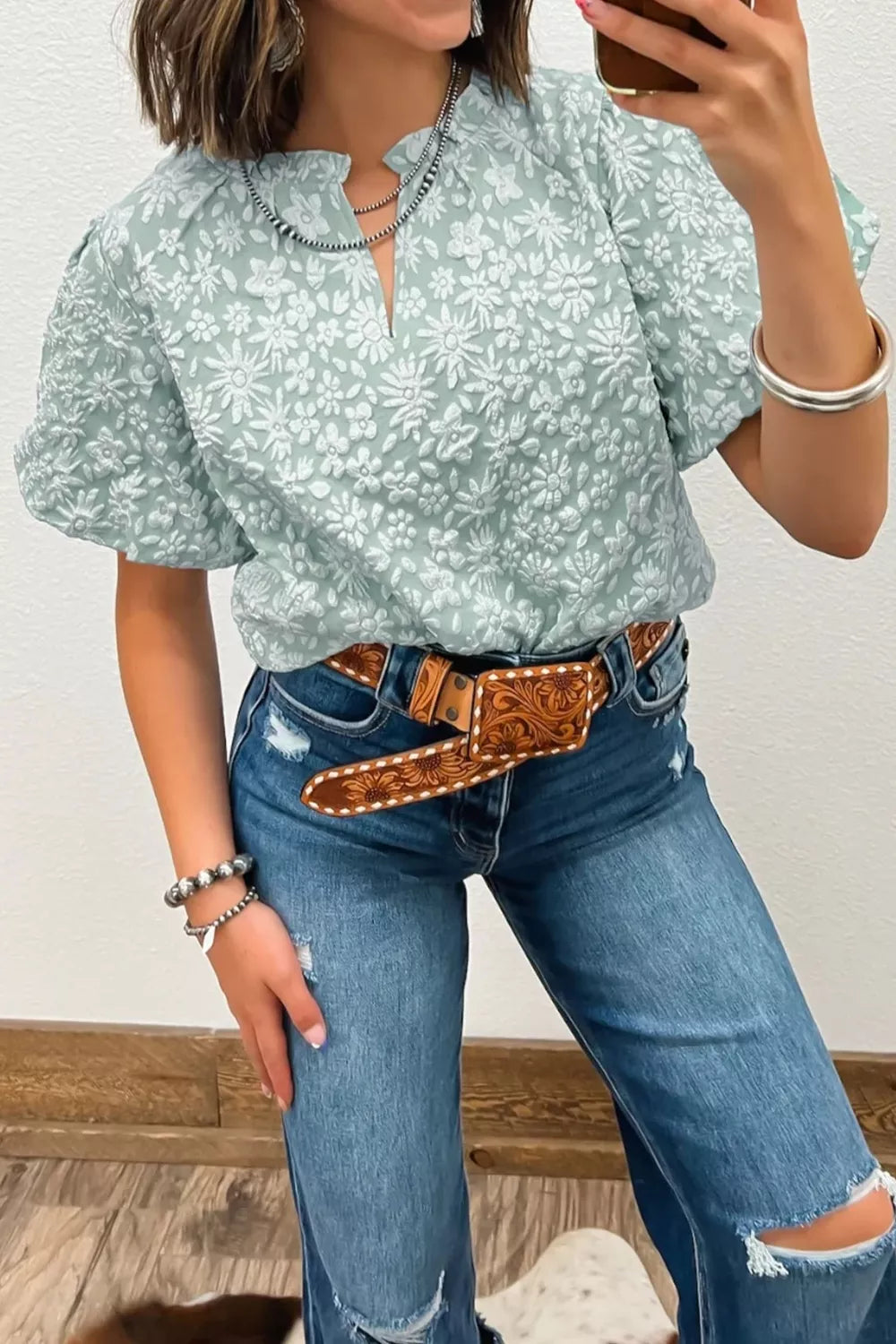 Sage Floral jacquard puff sleeve blouse with split neck