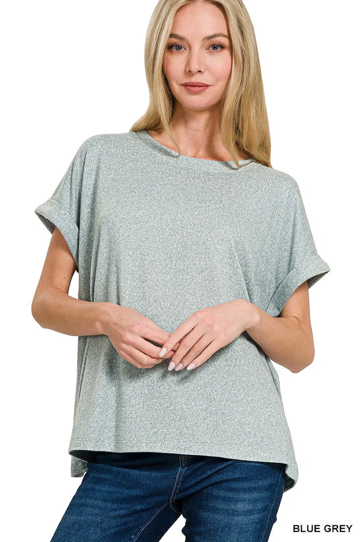 BLUE GREY Melange hacci knit boxy short sleeve round neck top