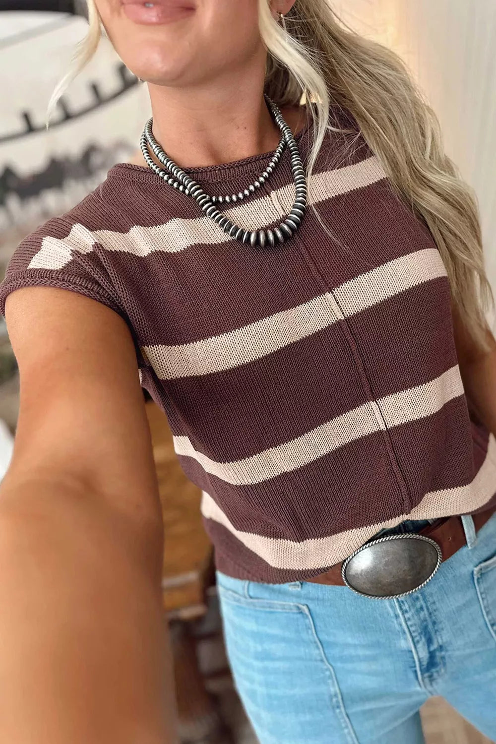 Brown Striped knit short sleeve sweater top with center seam