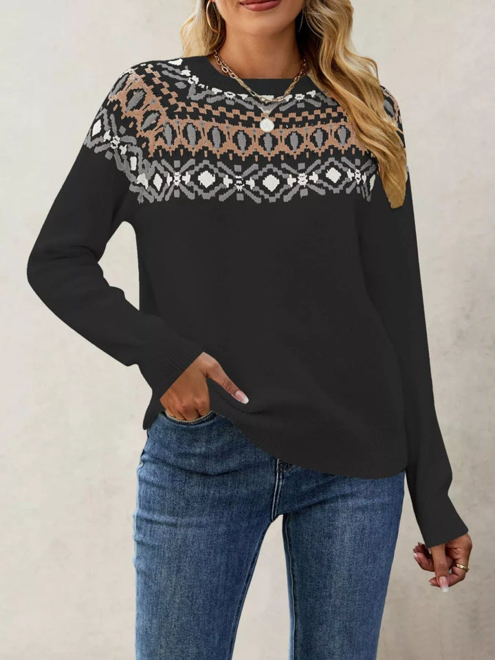 Black Fair Isle knit crew neck sweater with ribbed cuffs