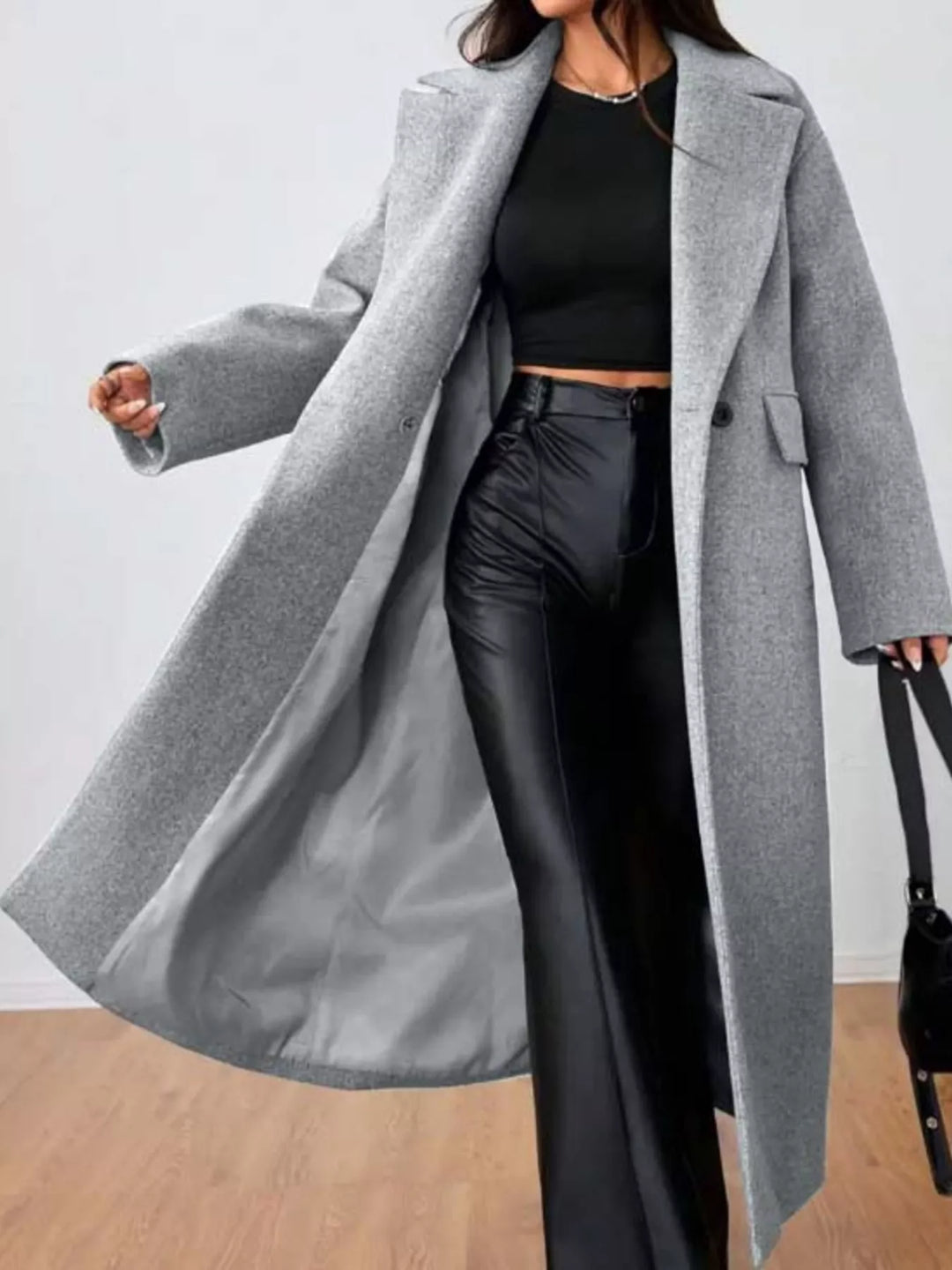 Notch lapel longline overcoat with flap pockets