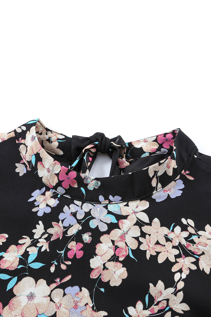 Floral mock neck top with lace flutter sleeves