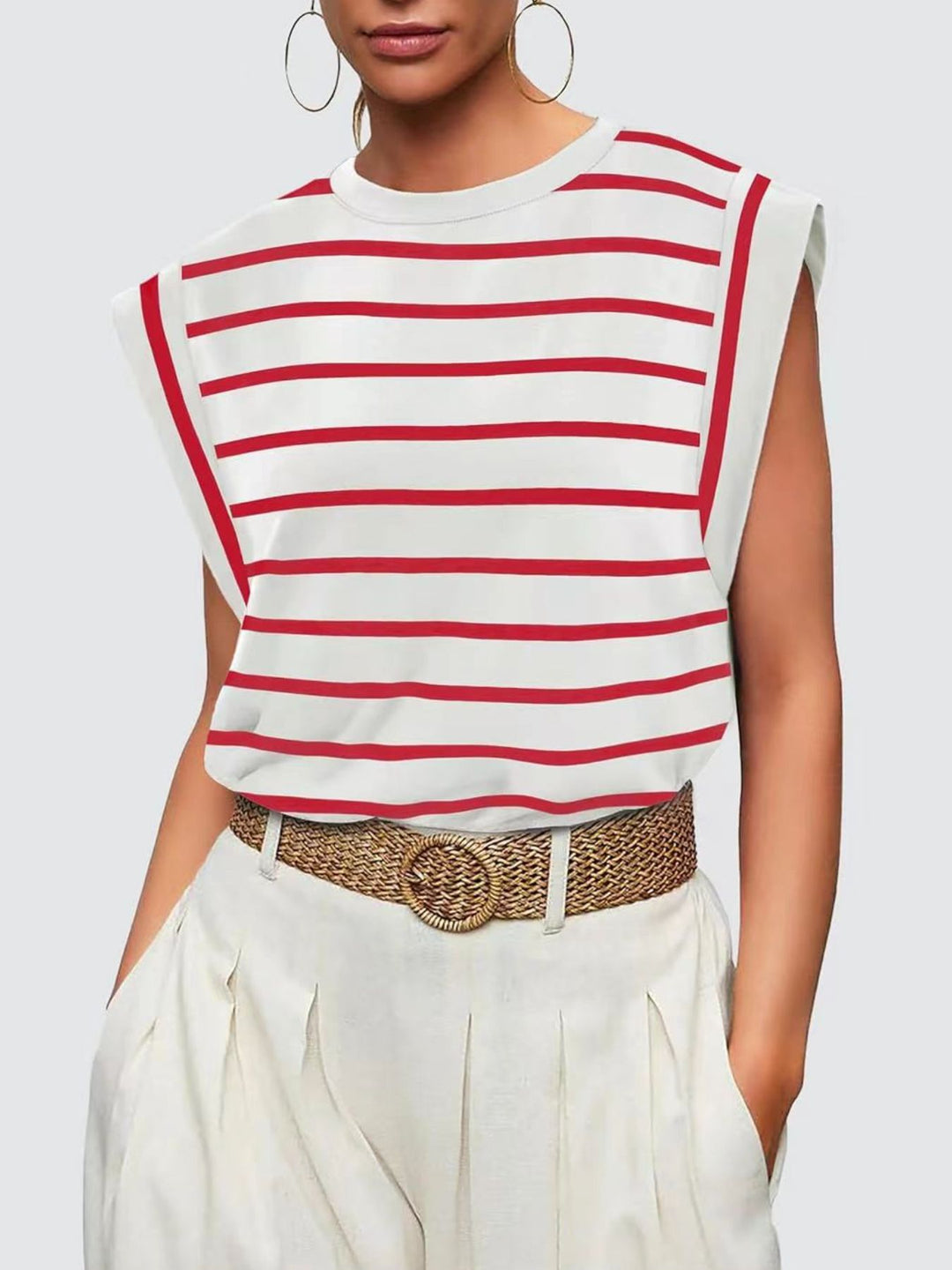 Striped cap-sleeve crew neck muscle tank top