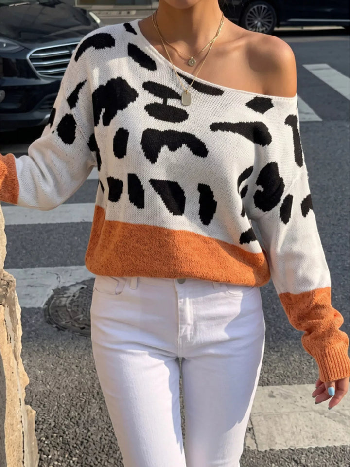 Orange Leopard print one-shoulder knit sweater with ribbed cuffs