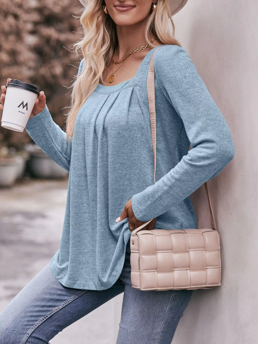 Light Blue Pleated square neck long sleeve knit top