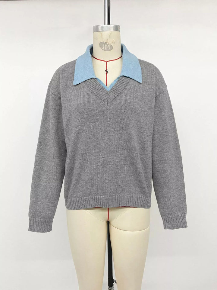 Contrast collar dropped shoulder V-neck sweater