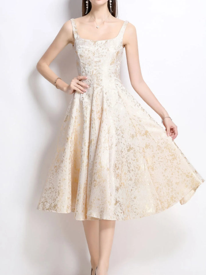 Square neck A-line midi dress with metallic shimmer print