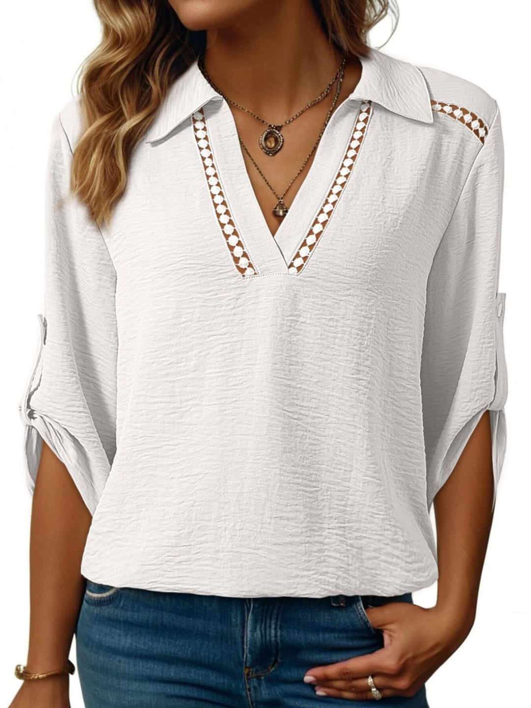 Johnny collar blouse with crochet lace trim and roll-tab sleeves