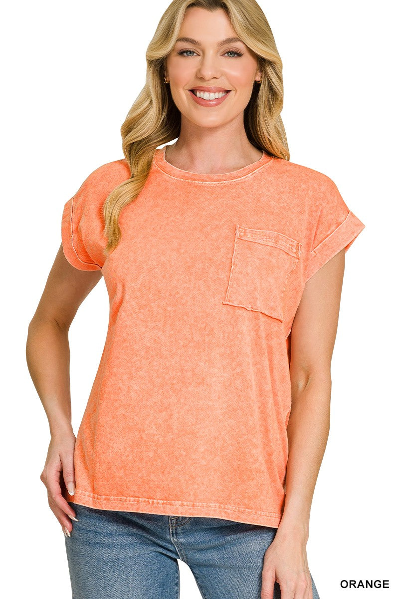 ORANGE Mineral washed cuffed short sleeve pocket tee