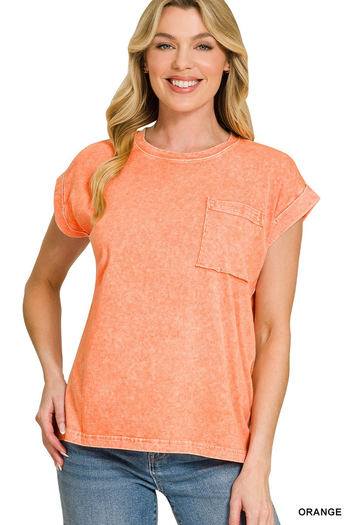 ORANGE Mineral washed cuffed short sleeve pocket tee