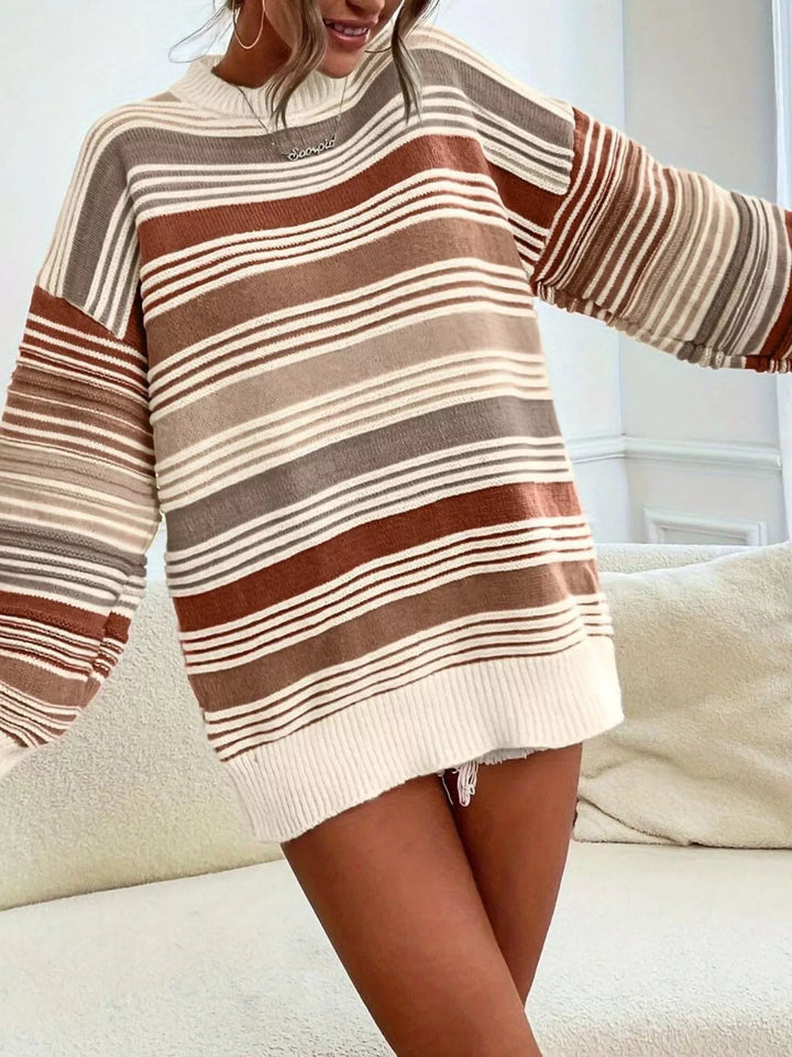Striped mock neck relaxed knit pullover sweater
