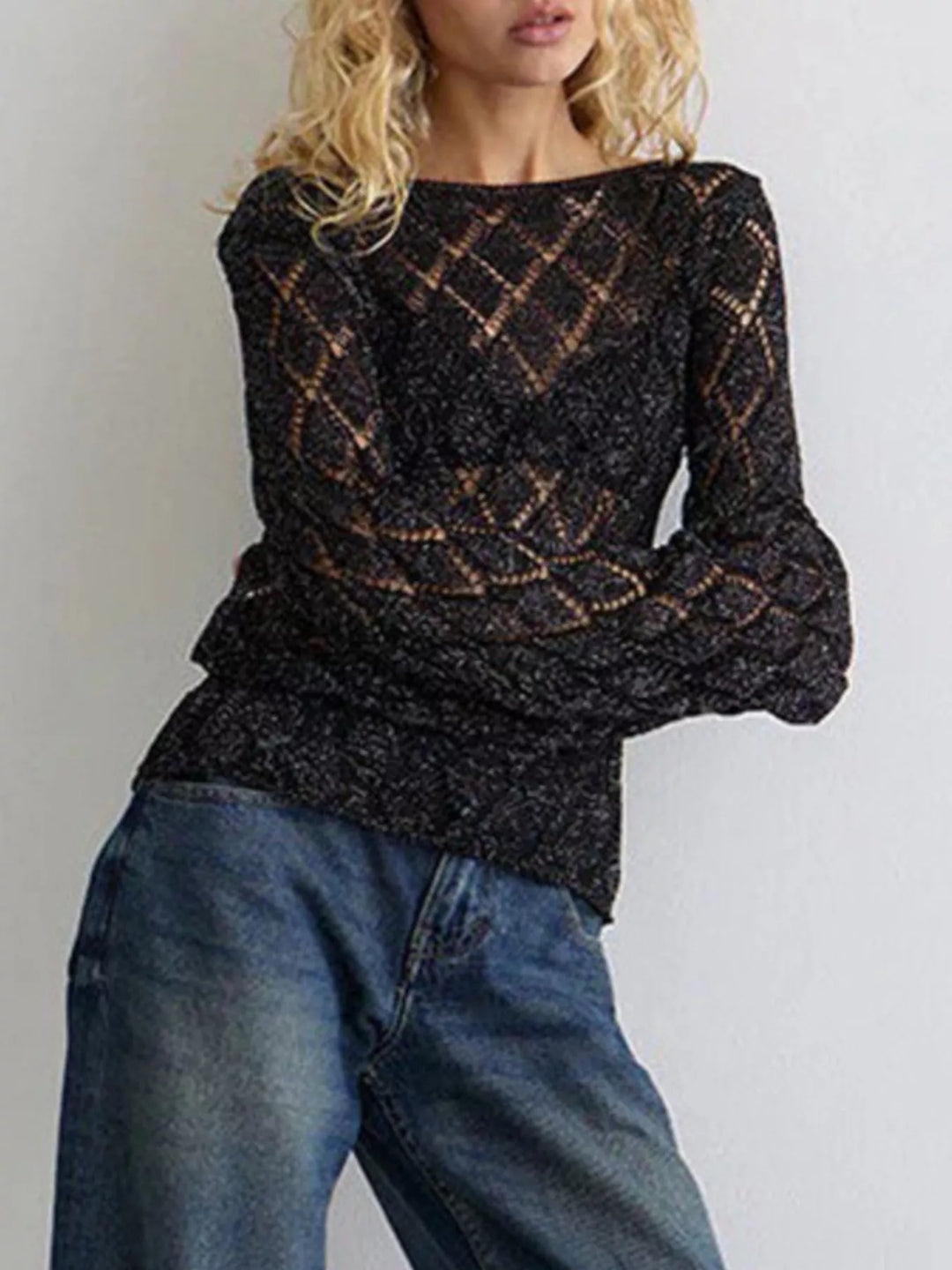 Sheer openwork knit long sleeve top with boat neck