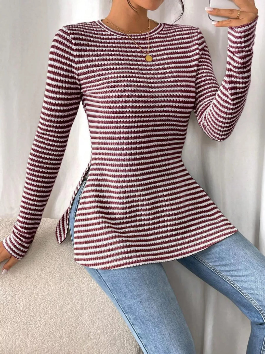 Slit-hem striped textured knit long sleeve top