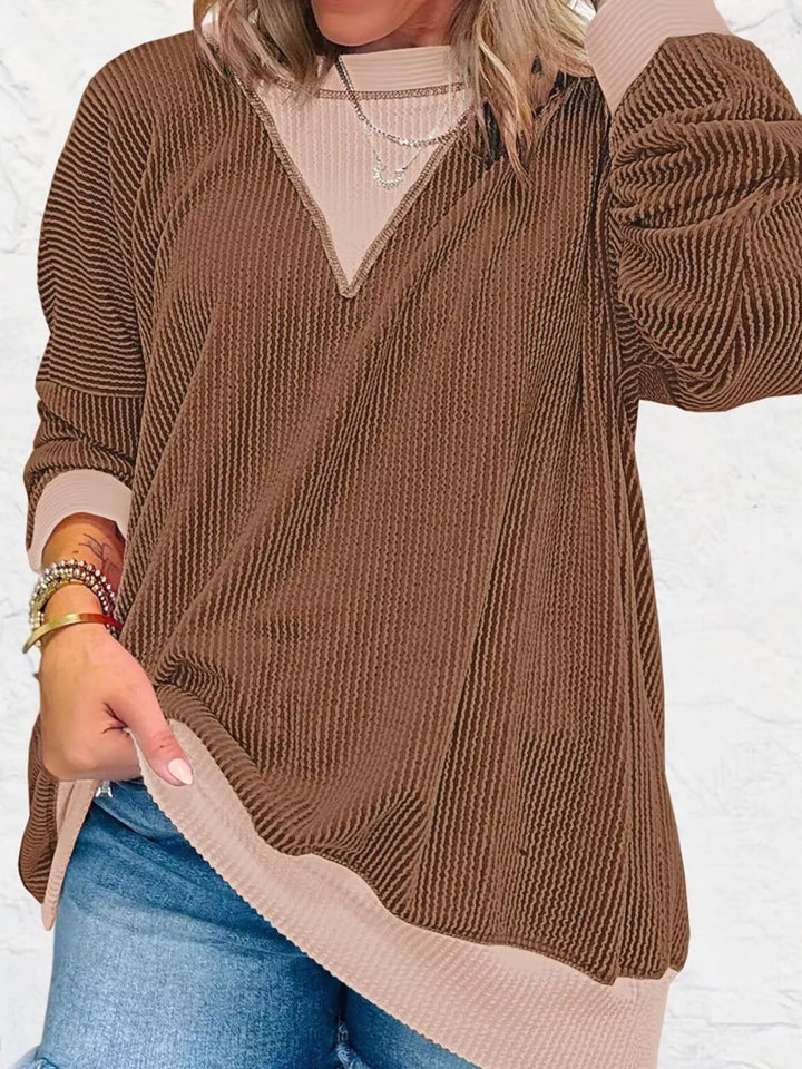 Brown Contrast-trim ribbed dropped-shoulder sweatshirt