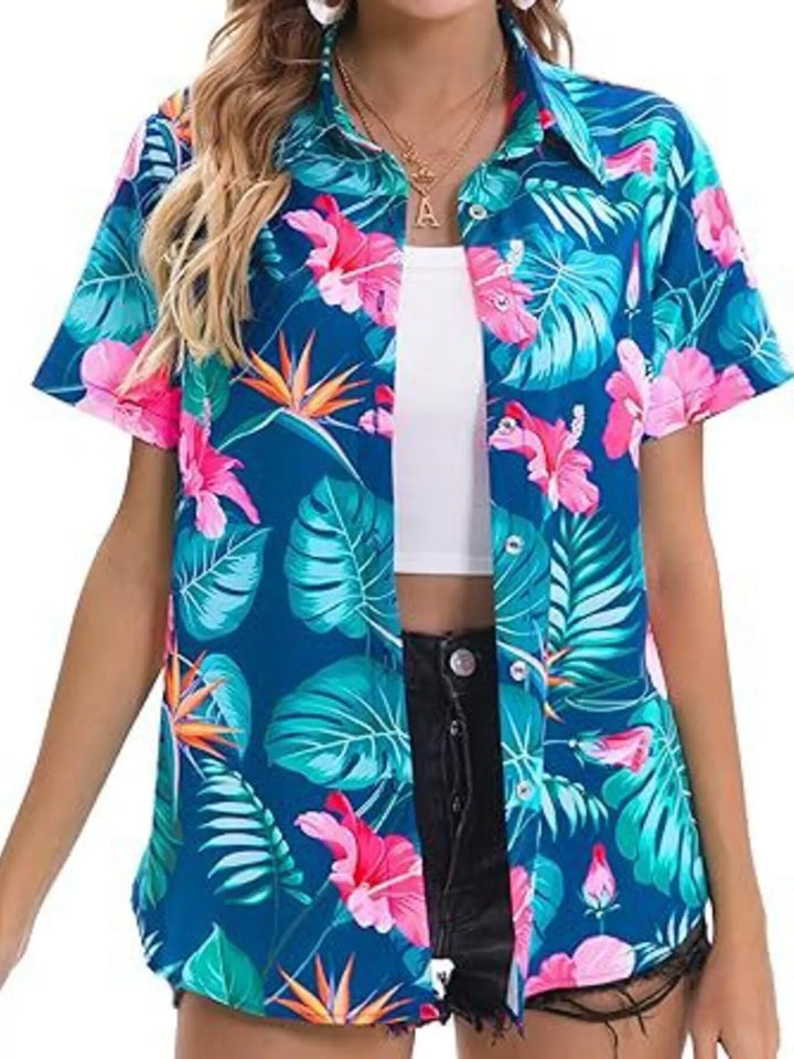Tropical hibiscus print short sleeve button-up shirt