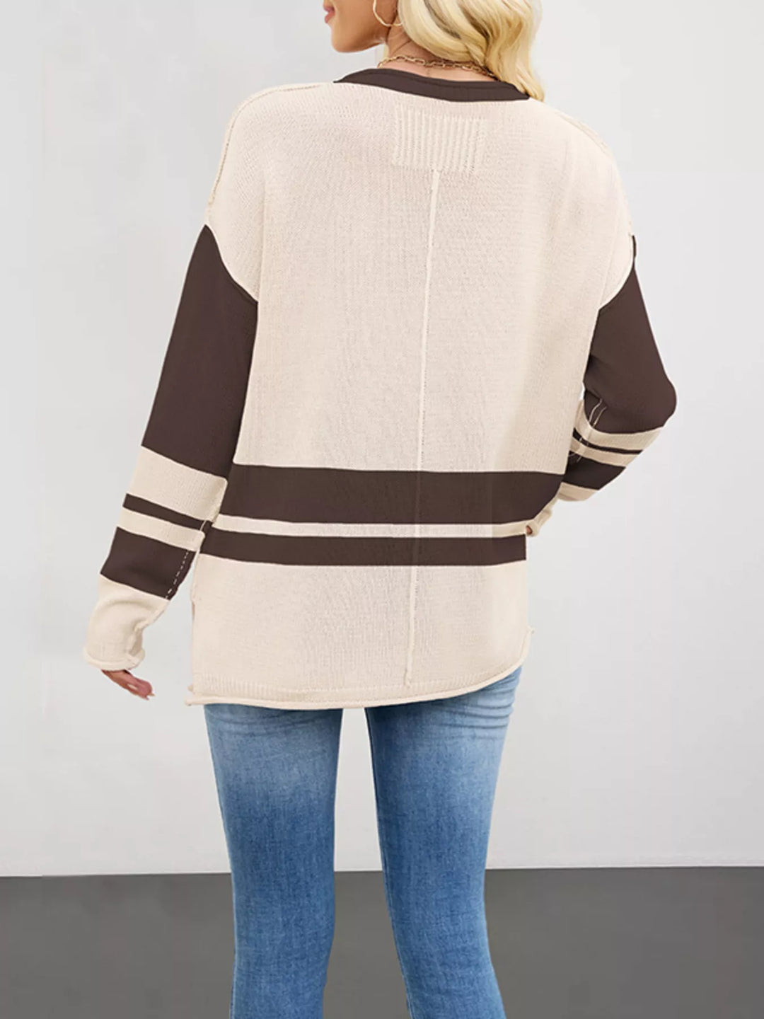 Striped colorblock drop shoulder sweater with side slits