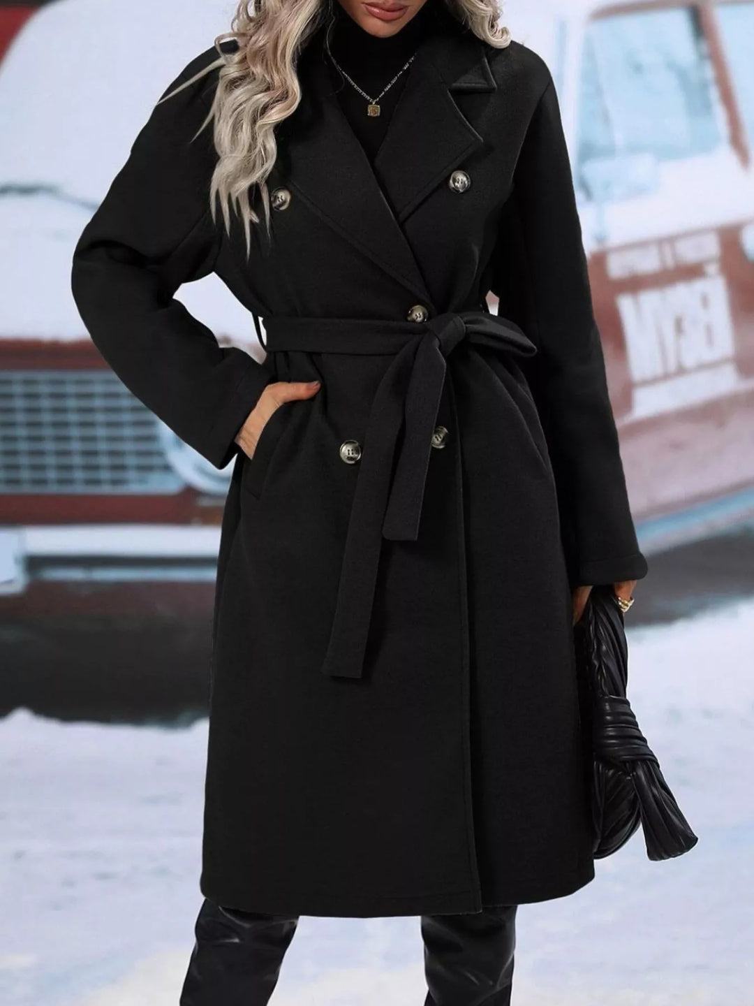 Double-breasted tie-waist long coat with notch lapels