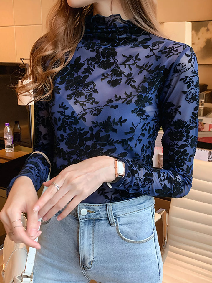Sheer floral mesh mock neck long sleeve top