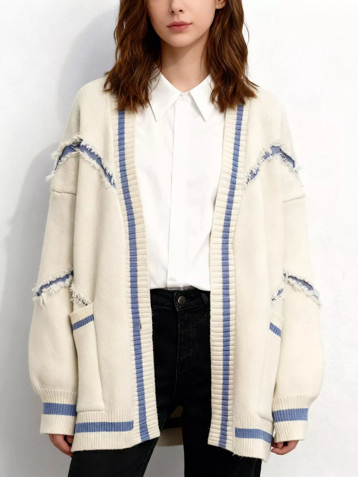 Off-white Frayed exposed-seam open front cardigan with striped trim