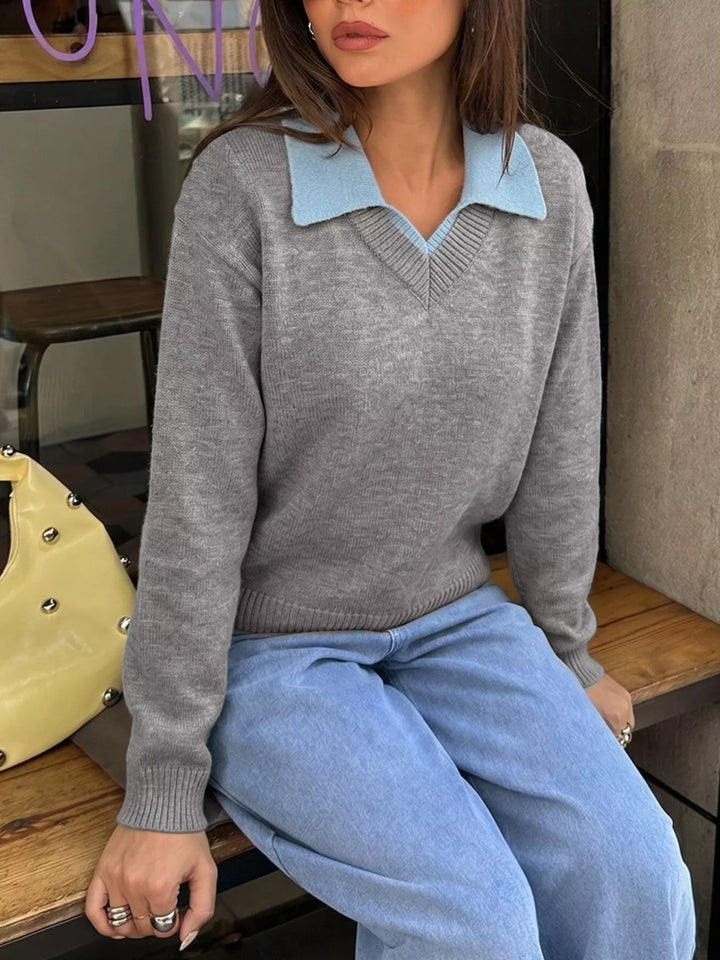 Contrast collar dropped shoulder V-neck sweater