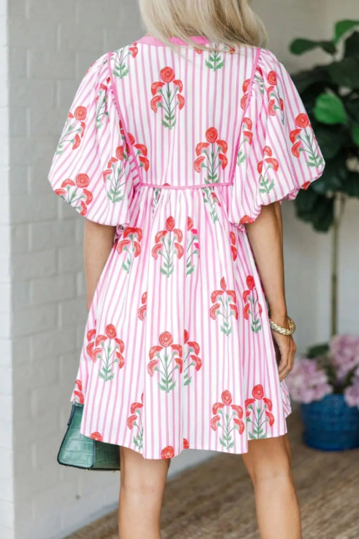 Striped floral puff sleeve babydoll mini dress