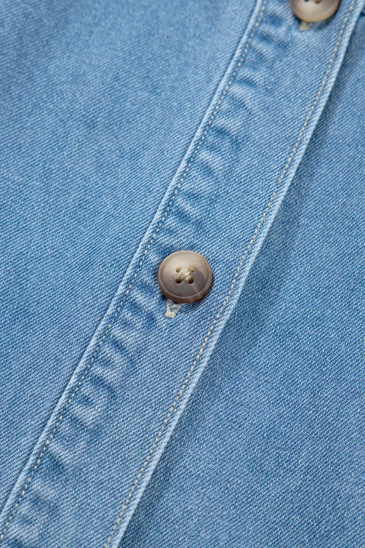 Button-down puff sleeve denim mini dress with ruffle hem
