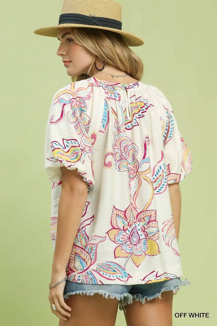 Boxy paisley print puff sleeve top with side slits