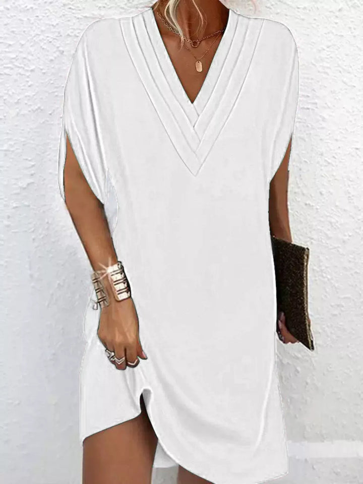 White Pleated V-neck split sleeve relaxed mini dress