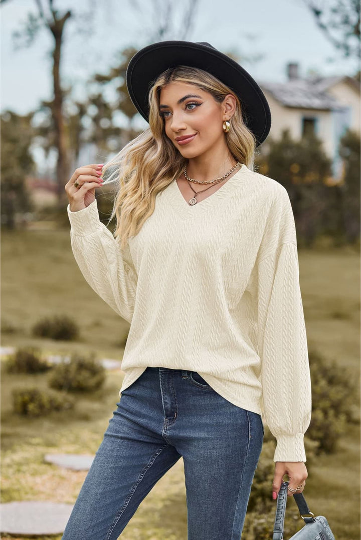 Textured knit V-neck top with dropped shoulders