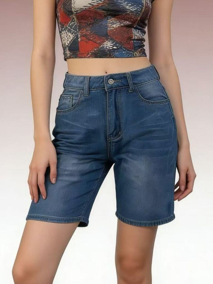 High-rise bermuda denim shorts with whiskered front