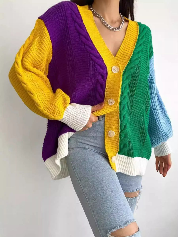 Multicolor Color block cable-knit button-down cardigan