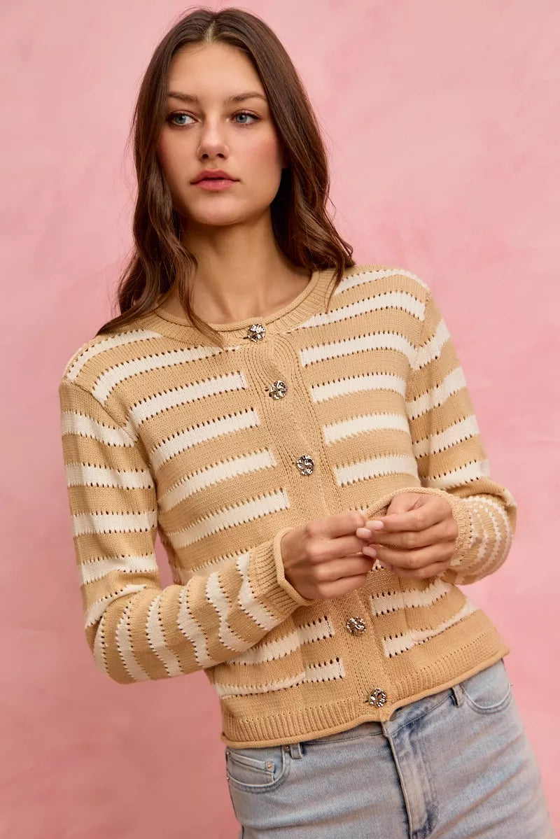 Striped openwork knit cardigan with jeweled buttons