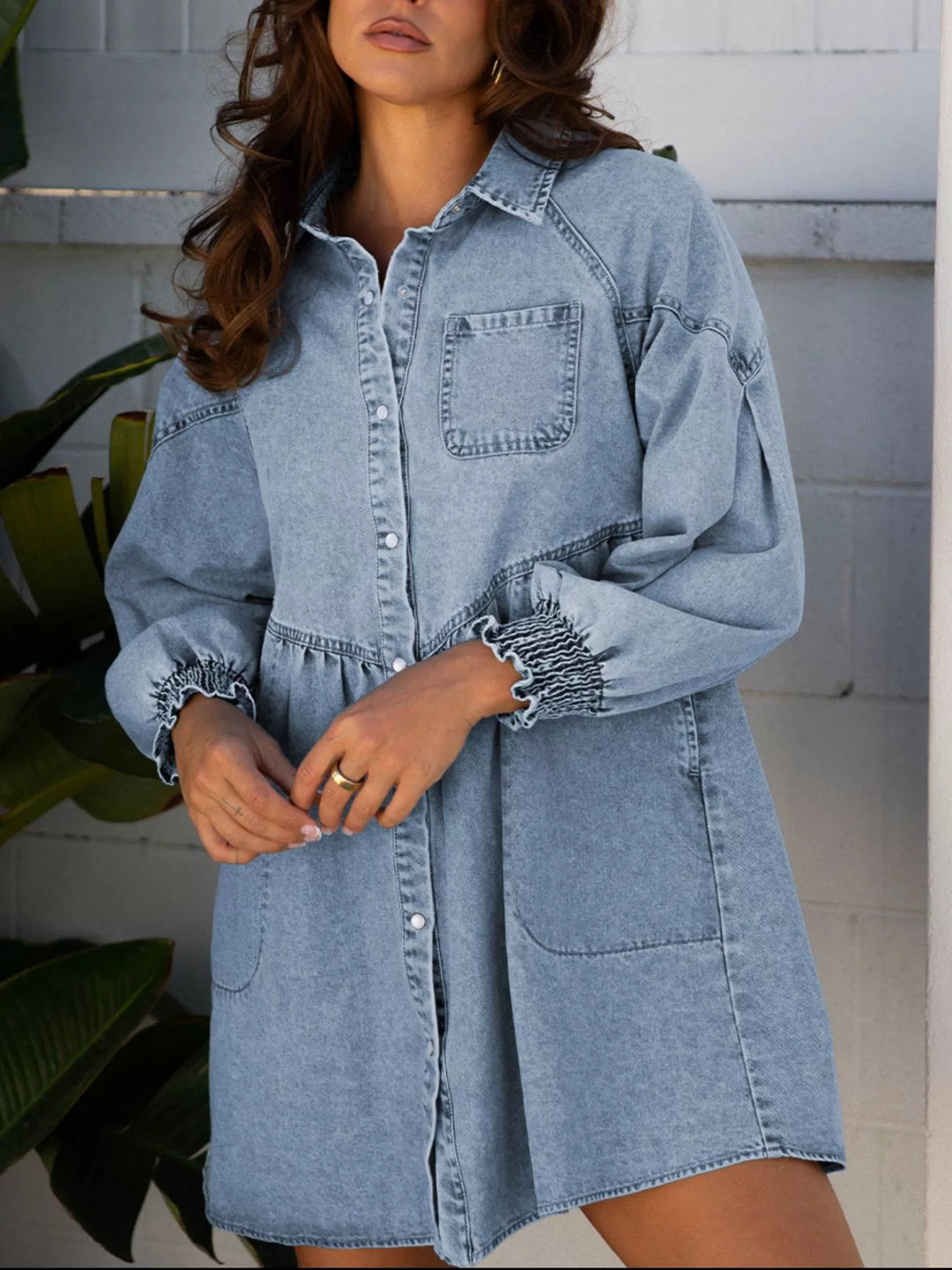 Medium Smocked cuff flared denim mini shirt dress with patch pockets