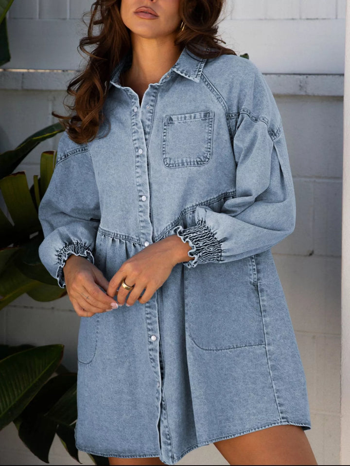 Medium Smocked cuff flared denim mini shirt dress with patch pockets