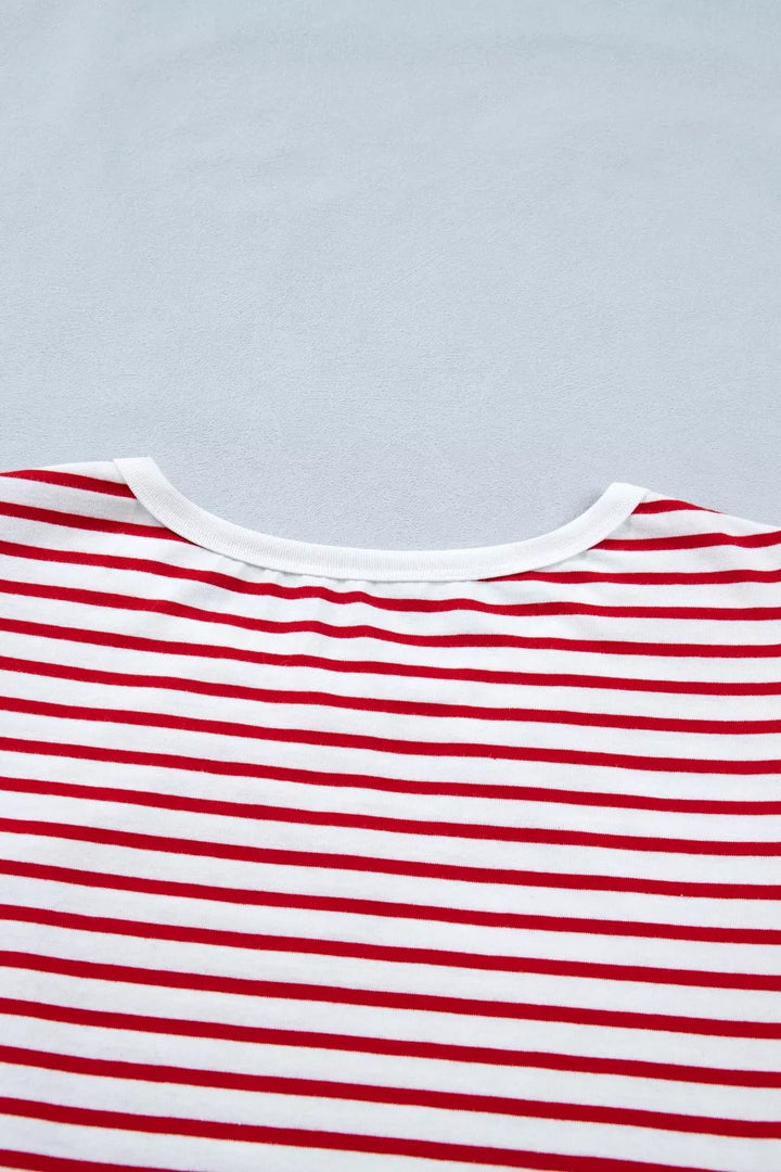 Striped contrast-trim crew neck puff sleeve tee
