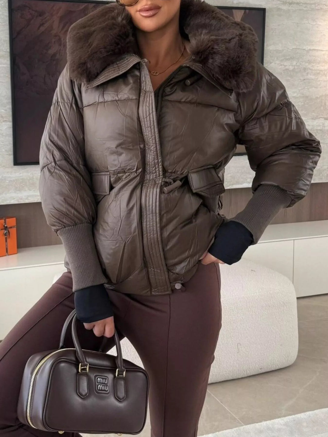 Glossy padded puffer jacket with faux fur collar