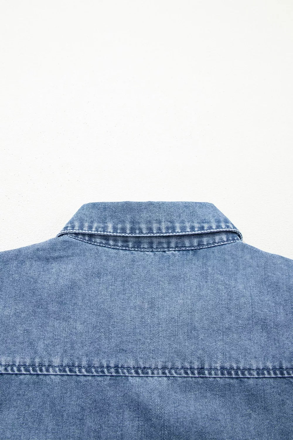 Puff half-sleeve collared denim button-down shirt