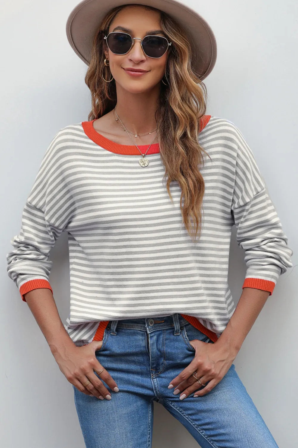 Contrast-trim striped drop-shoulder long sleeve knit top