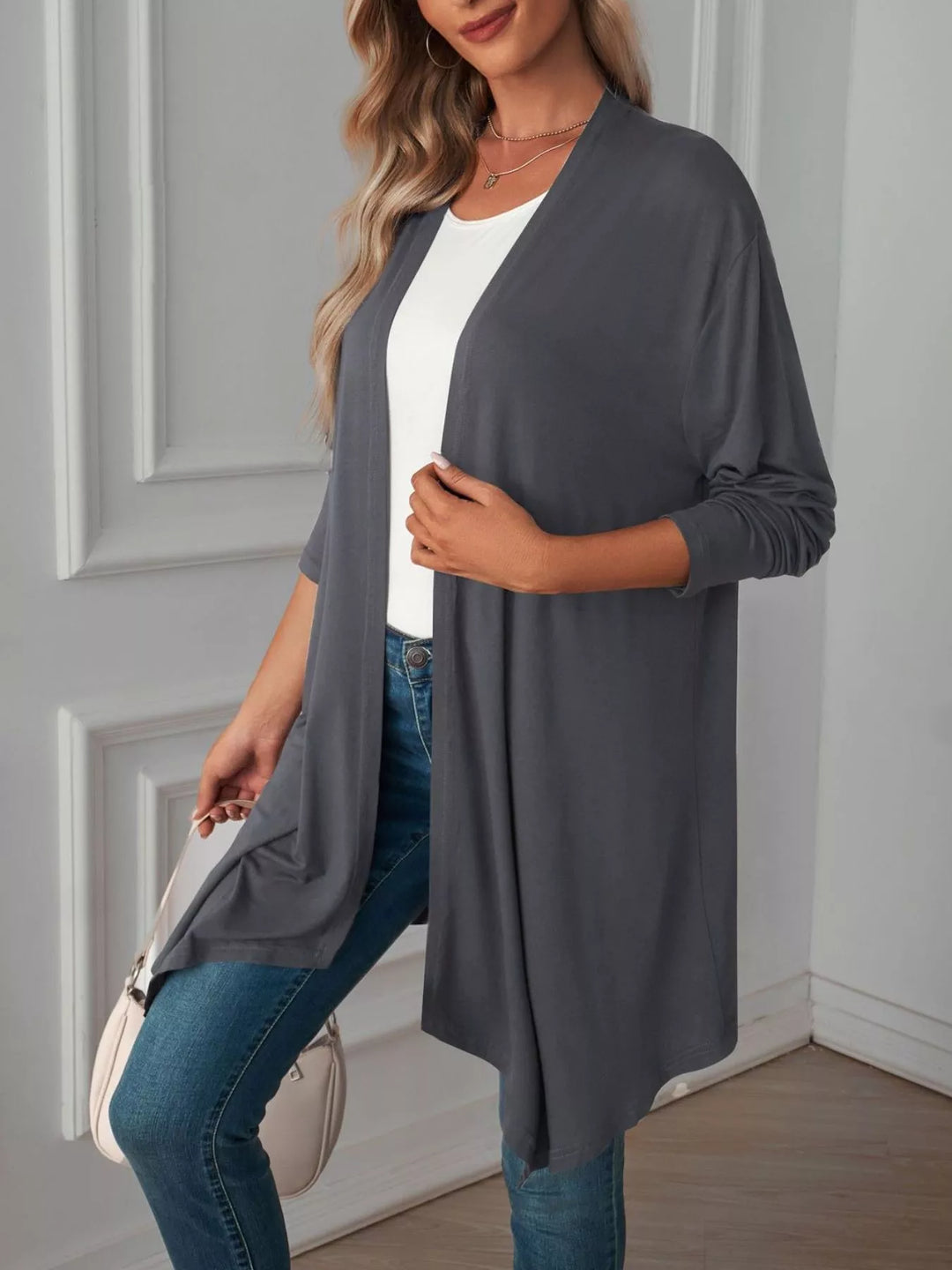 Lightweight open front cardigan with draped waterfall hem