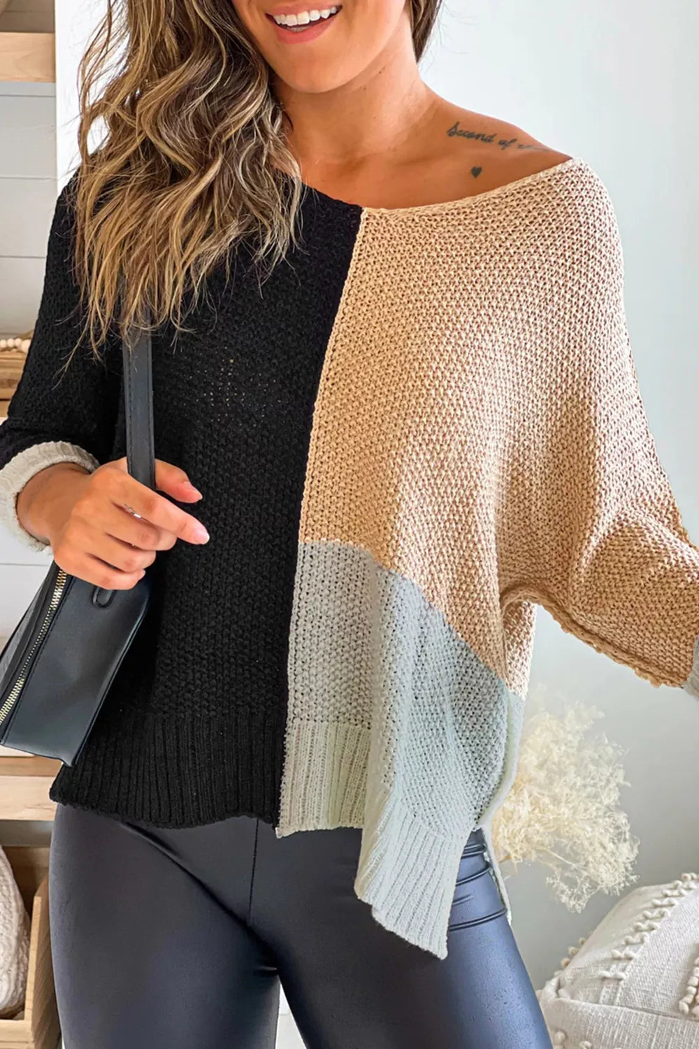 Black Color block ribbed knit v-neck loose sweater